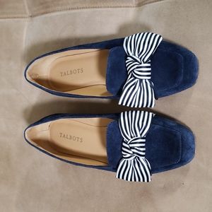 Talbots Blue Suede loafers with striped bow
